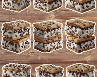 May include: Nine ice cream sandwiches with chocolate chip cookies and vanilla ice cream. The ice cream sandwiches are stacked on top of each other. The cookies have chocolate chips on top. The background is a wooden surface.