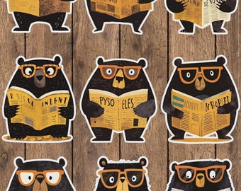 Reading Bear Vinyl Die Cut Sticker Set | Funny Sticker | Laptop Sticker | Water Bottle Sticker | Notebook Sticker