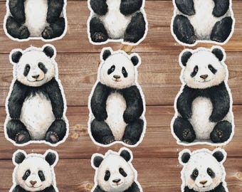 May include: Nine panda bear stickers. Each sticker features a watercolor illustration of a panda bear in a seated position. The pandas have black and white fur, with black ears and eye patches. The background is a wood grain pattern.