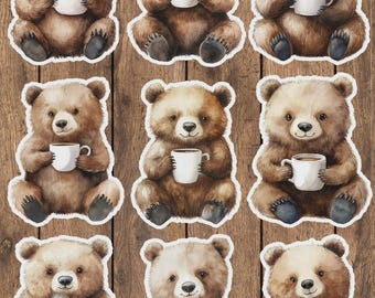 Bear Drinking Coffee Die Cut Vinyl Sticker Set – For Notebook, Laptop, Water Bottle & Scrapbooking