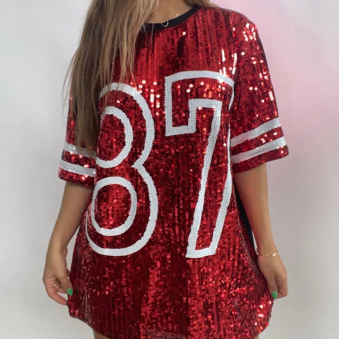 Red Sequin Football Jersey Dress Shiny Oversized Tshirt Etsy