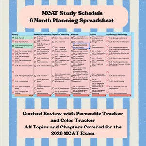 May include: A detailed MCAT study schedule spreadsheet, designed for 6 months of planning. It includes sections for Biology, General Chemistry, Organic Chemistry, Biochemistry, Physics, and Psychology/Sociology, with a content review and percentile tracker.