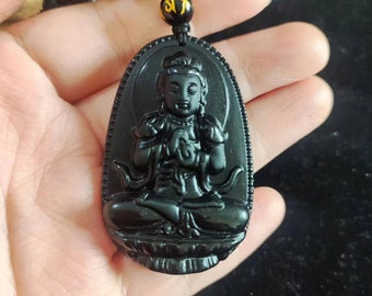 Natürliche Obsidian Buddha Anhänger Halskette, buddhistischer Rosenkranz Mala