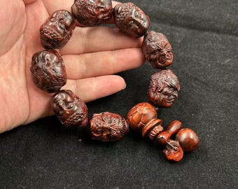 Hand carved Wood Buddha head Good and Evil Buddha  Wood Bracelet Men&#39;s Play Fozi Bracelet, Boutique Bodhisattva Bracelet Woman,Wooden Chain