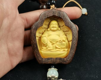 Hand Carved Wood Buddha Maitreya Necklace: Buddhism Amulet Charm
