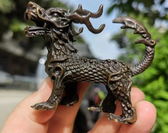 Copper Chi Lin Statue (Qi Lin) Figurine,beast  the Sacred Dragon Horse in Feng Shui Decor Attract Positive Energy Pakua Kei Loon QilinPX428