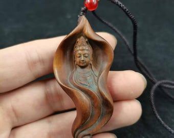 Hand Carved Wood Buddha Necklace, Lucky Amulet, Buddhism Jewelry