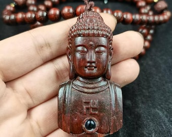 Hand Carved Wood Buddha Necklace, Buddhism Amulet