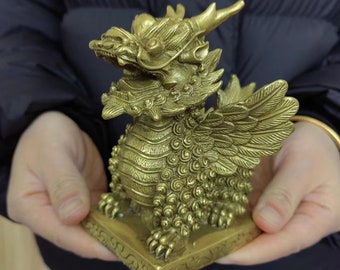 Copper Chi Lin Statue (Qi Lin) Figurine,beast  the Sacred Dragon Horse in Feng Shui Decor,  Attract Positive Energy Pakua Kei Loon Qilin Zen