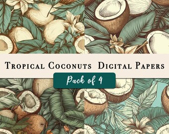 Tropical Coconuts Seamless Background 4 Images | Digital Paper | Scrapbook | Seamless Patterns | DIY Craft | Download | Watercolor | Summer