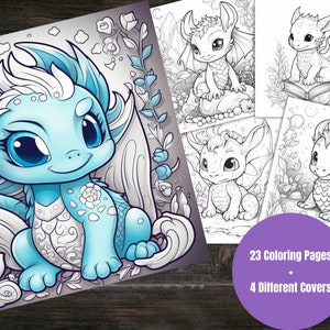 Cute Baby Dragon Fantasy Coloring Page Book, Adults + kids- Instant Download Grayscale Coloring Page, Printable PDF, Dragons coloring pages