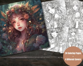 Beautiful Forest Fairy Girls Fantasy Anime Coloring Page, Adults + kids- Instant Download - Grayscale Coloring Page -Gift, Printable Art PDF