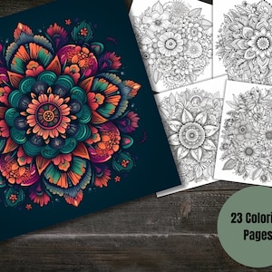 Mandala Coloring Book - Flower Mandala Design - Adults + kids coloring- Instant Download - Grayscale Coloring Page -Gift, Printable Art PDF