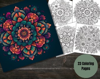 Mandala Coloring Book - Flower Mandala Design - Adults + kids coloring- Instant Download - Grayscale Coloring Page -Gift, Printable Art PDF