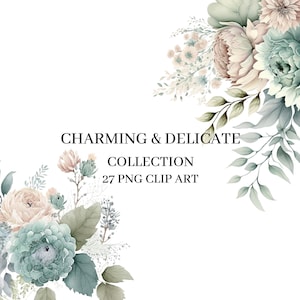 Watercolor Floral Clipart, Blue Flowers Clipart, Watercolor Flowers, Roses Clipart, Wedding Clipart, Dusty Blue Floral Clipart, Premade