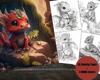 Baby Flower Dragon Fantasy Coloring Page Book, Adults + kids- Instant Download - Grayscale Coloring Page, Printable PDF, Dragons coloring