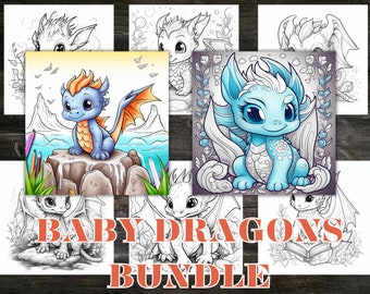 Baby Dragon Fantasy Coloring Page Book BUNDLE, Adults + kids- Instant Download Grayscale Coloring Page, Printable PDF, Dragons coloring page