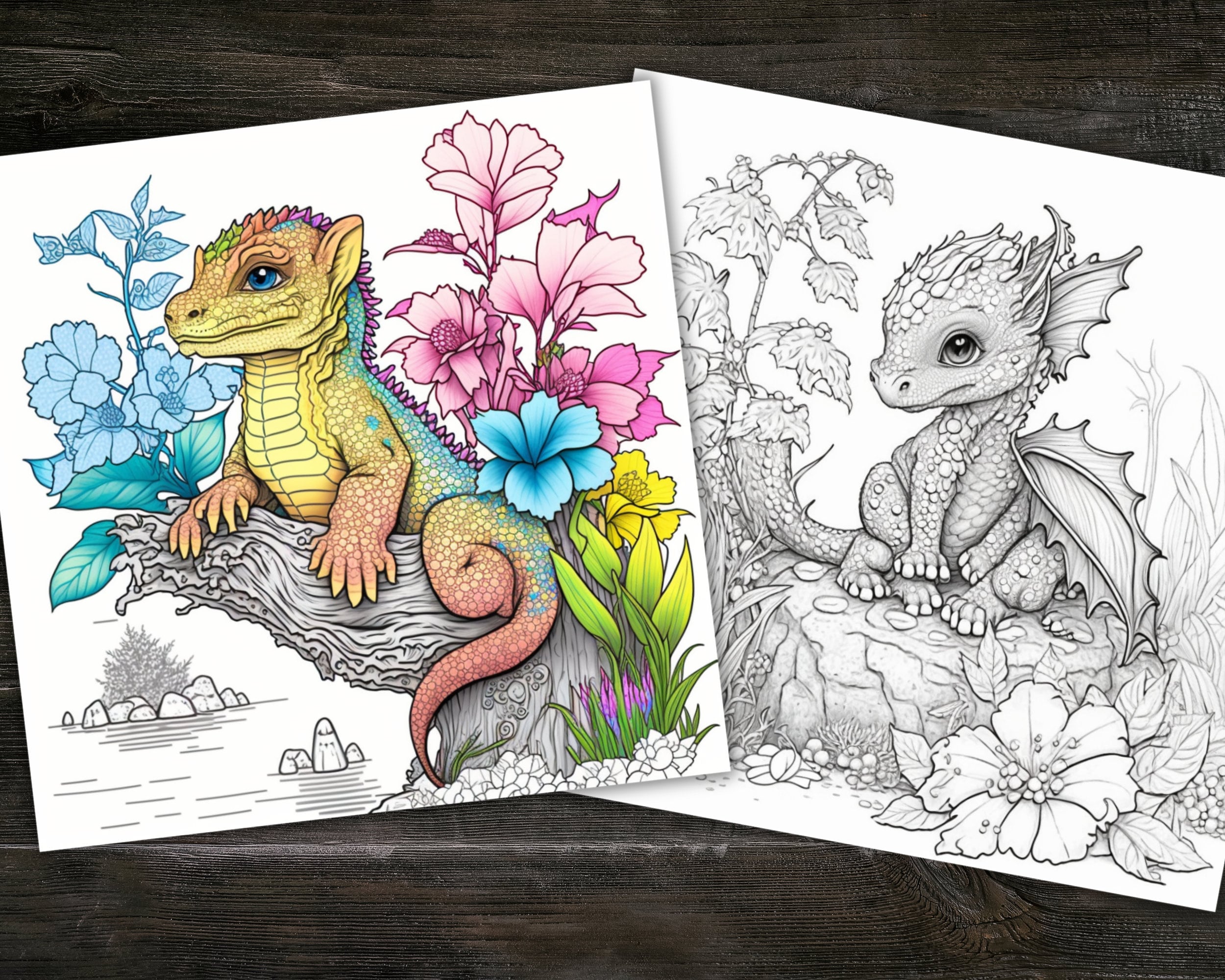 Baby Flower Dragon Fantasy Coloring Page Book, Adults + Kids- Instant ...