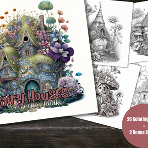 Blooming Fairy Houses Coloring Book, Adults kids Instant Download -Grayscale Coloring Book -Printable PDF, Flower Houses, Fairy Homes