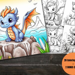 Baby Dragon Fantasy Coloring Page Book, Adults + kids- Instant Download Grayscale Coloring Page, Printable PDF, Dragons coloring, Vol.2