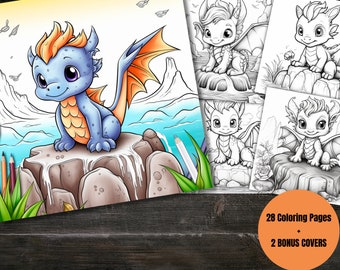 Baby Dragon Fantasy Coloring Page Book, Adults + kids- Instant Download Grayscale Coloring Page, Printable PDF, Dragons coloring, Vol.2