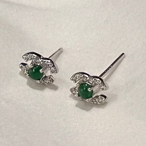 Green Jadeite and Diamond Fine Silver Earrings