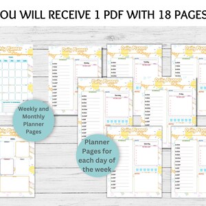 May include: A printable PDF planner with 18 pages. The pages include a monthly calendar, weekly planner, and daily planners for each day of the week. The pages are decorated with a yellow sun and blue sky theme.