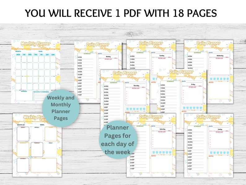 May include: A printable PDF planner with 18 pages. The pages include a monthly calendar, weekly planner, and daily planners for each day of the week. The pages are decorated with a yellow sun and blue sky theme.