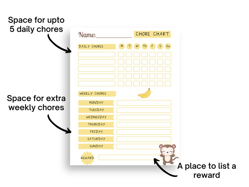 Kid's Printable Chore Chart-yellow Monkey Chore Chart for Kids Weekly Chore Chart Daily Chore ...