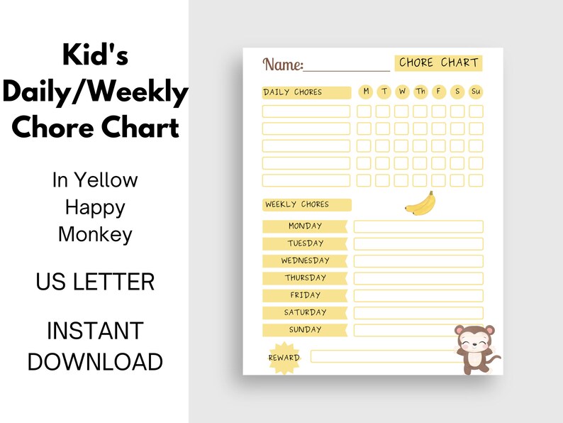 Kid's Printable Chore Chart-yellow Monkey Chore Chart for Kids Weekly Chore Chart Daily Chore ...