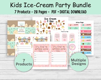 Puede incluir: Un paquete de fiesta de helados imprimible con 7 productos y 28 páginas. El paquete incluye una variedad de diseños, como conos de helado, chispas y el texto "Sweet Times Ahead!" y "It's time to sprinkle some fun!"