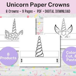 Einhorn-Horn-Papierkronen, Einhornhandwerk für Kinder, Papierkronen, Ausschneiden und Einfügen Handwerk für Einhornparty, Einhorn-Party-Aktivität zum Ausdrucken