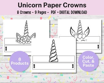 Einhorn-Horn-Papierkronen, Einhornhandwerk für Kinder, Papierkronen, Ausschneiden und Einfügen Handwerk für Einhornparty, Einhorn-Party-Aktivität zum Ausdrucken