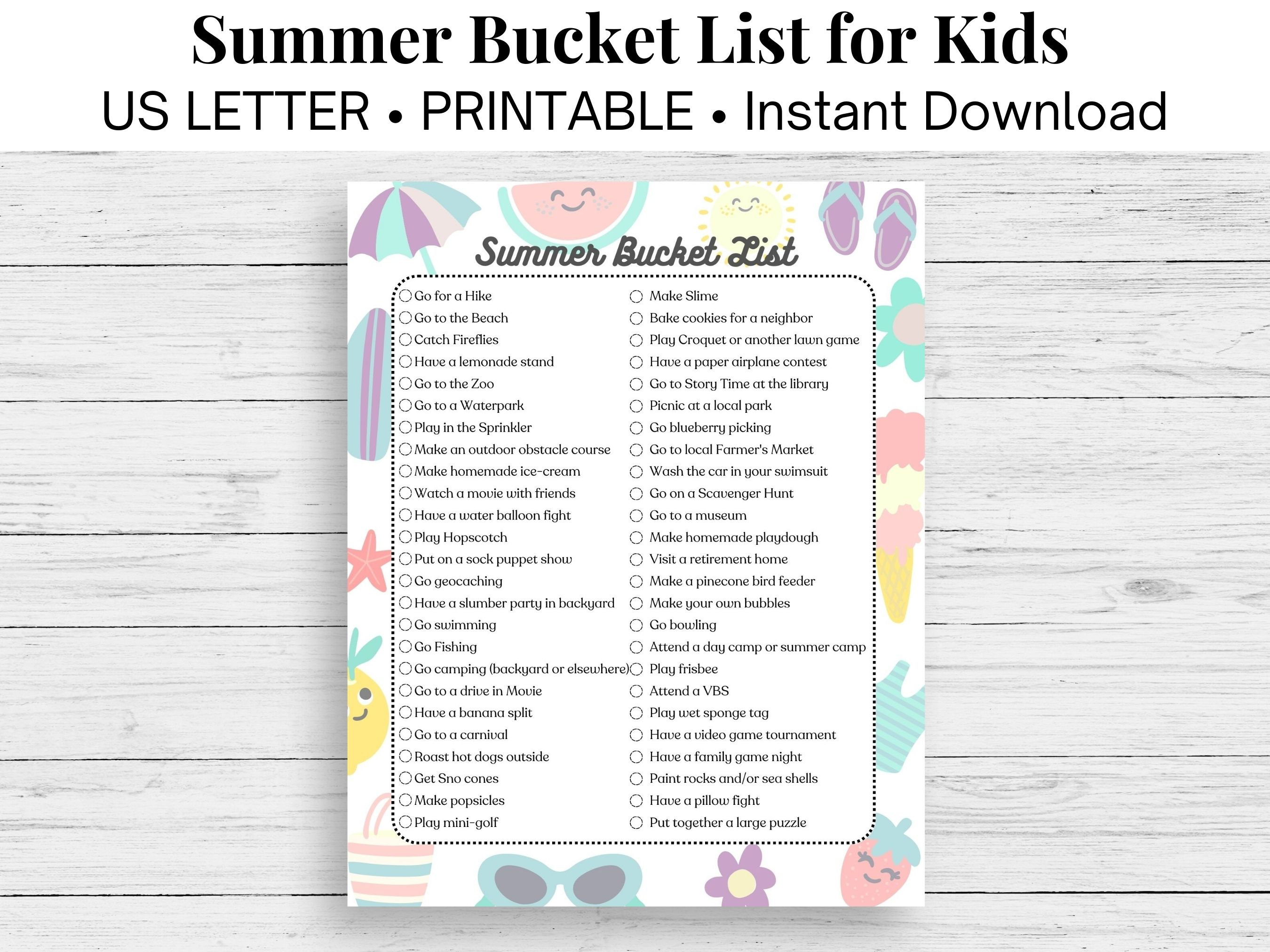 Summer Bucket List for Kids, Kids Activities, List of Summer Activities,  Fun Indoor and Outdoor Activities for Kids, Bucket List Printable 