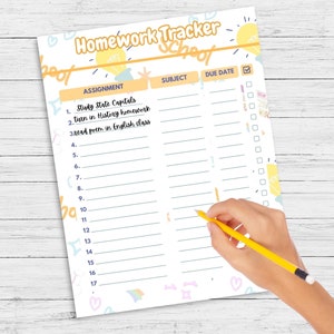 May include: A colorful printable homework tracker with a lightbulb graphic and the text "Homework Tracker School". The tracker has columns for assignment, subject, due date, and a checkbox for completion. The assignment column has 17 numbered lines for listing homework assignments.