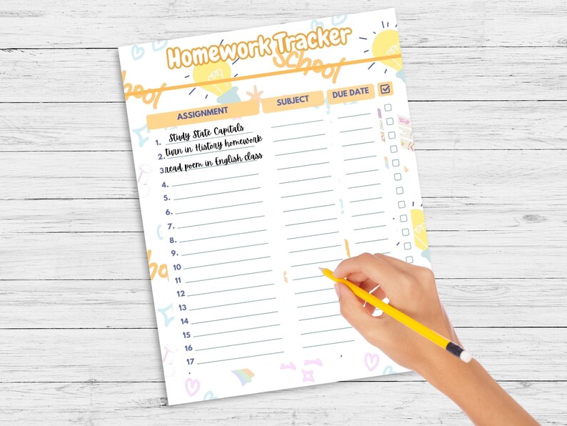 May include: A colorful printable homework tracker with a lightbulb graphic and the text "Homework Tracker School". The tracker has columns for assignment, subject, due date, and a checkbox for completion. The assignment column has 17 numbered lines for listing homework assignments.