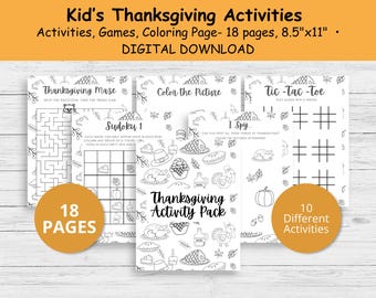 May include: A digital download of a Thanksgiving activity pack for kids. The pack includes 18 pages with activities, games, and coloring pages. The pages measure 8.5" x 11" and feature a maze, Sudoku, I Spy, and Tic-Tac-Toe games.