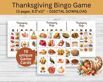 May include: Thanksgiving Bingo Game digital download. The image shows multiple bingo cards with Thanksgiving-themed illustrations. The cards are 8.5" x 11" and feature images of fall foods and decorations. The text on the cards reads "Thanksgiving Bingo".