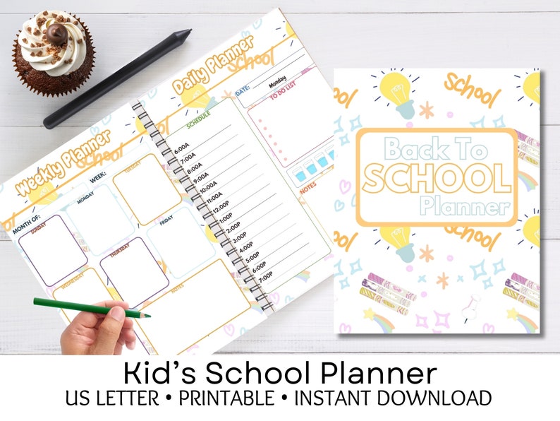 May include: Printable back to school planner with a colorful cover featuring light bulbs, stars, and rainbows. The planner includes a weekly schedule, a daily schedule, and a to-do list.