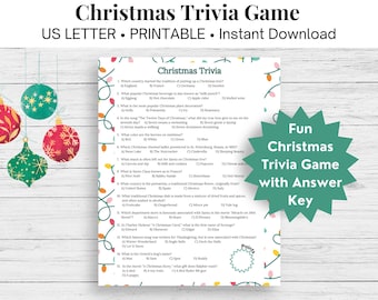May include: A printable Christmas trivia game sheet featuring fifteen multiple-choice questions about holiday traditions, songs, and movies. The border is decorated with colorful Christmas light bulbs, and a green starburst contains the text Fun Christmas Trivia Game with Answer Key.