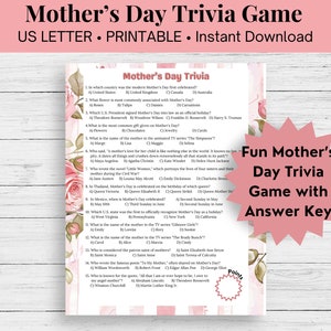 Mother&#39;s Day Trivia Game,  Printable Game, Mother&#39;s Day Party Game, Instant Download, Mother&#39;s Day Printable, Mother&#39;s Day Activity