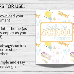 May include: A printable back to school planner with a light yellow background and a colorful pattern of light bulbs, stars, and rainbows. The text "Back To SCHOOL Planner" is in a light blue outline with a yellow fill.