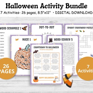 Halloween druckbare Aktivitätspaket, Labyrinthe, Wortsuche, Wortsuche, Halloween Malseiten, Halloween Kinderaktivitäten