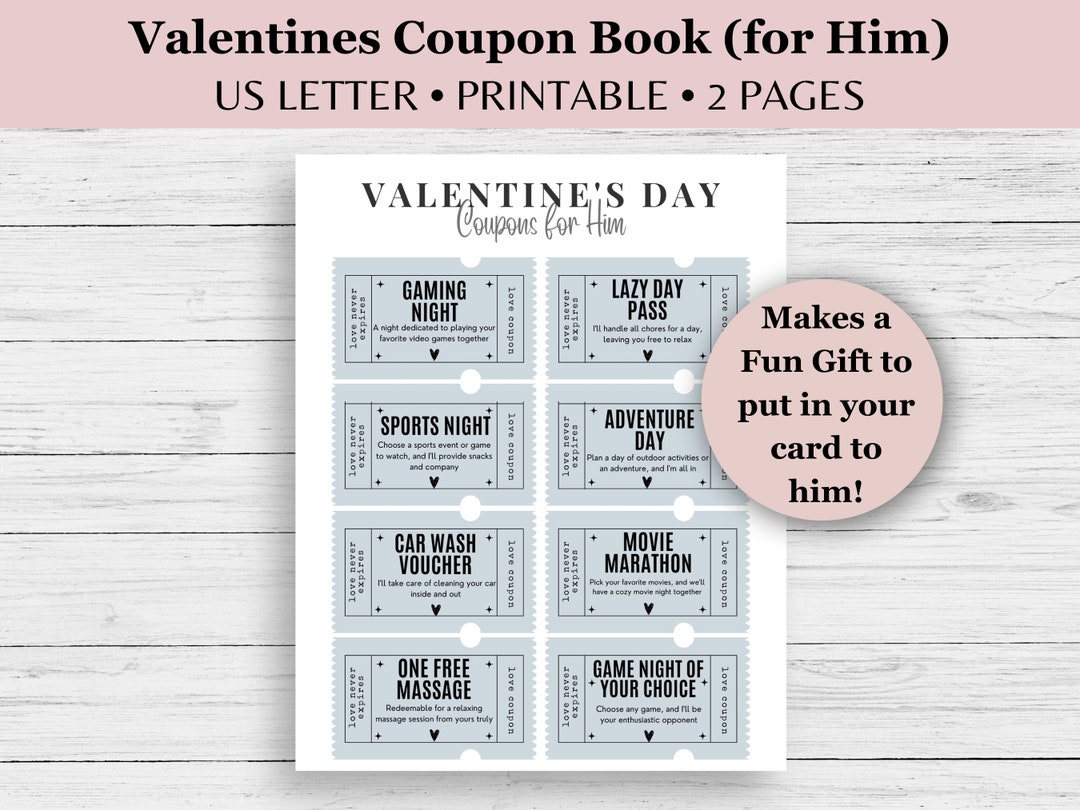 Valentine's Coupons for Him, Printable Gift for Him, Valentine Day Gift ...