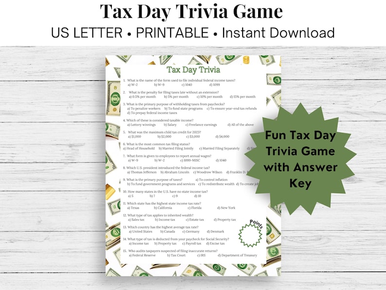 Tax Day Trivia Game, Printable Game, Tax Day Activity, Tax Day ...