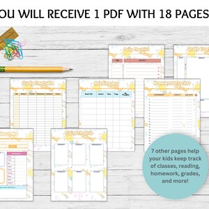 May include: An 18-page printable PDF with colorful, illustrated pages for kids to use as a study planner. The pages include a daily checklist, grade tracker, study timetable, reading log, homework tracker, class schedule, and an "All About Me" page.