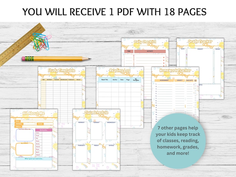 May include: An 18-page printable PDF with colorful, illustrated pages for kids to use as a study planner. The pages include a daily checklist, grade tracker, study timetable, reading log, homework tracker, class schedule, and an "All About Me" page.