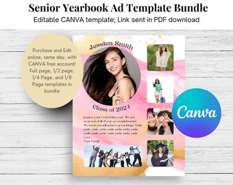 Senior Yearbook Ad Template Bundle, ganzseitige Jahrbuchanzeige, Vorlagen für das Jahrbuch, bearbeitbarer Senior Tribut für das Jahrbuch, Pink und Goldanzeige