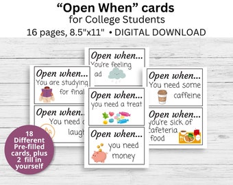 Open When Cards for College Students, College Care Package Cards, College Open When Letters,  Open When Envelope Labels for College Students