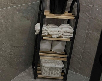 Black Bathroom Organizer with Small Wooden Rods, Solid Wooden Shoe Rack, Shelf Unit with 4 Compartments